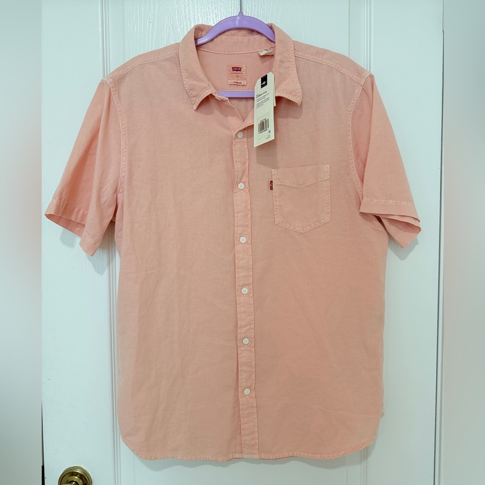 Levi’s Mens Garment Dyed Button Up Shirt Size L Peach Salmon Casual Short - Picture 2 of 7